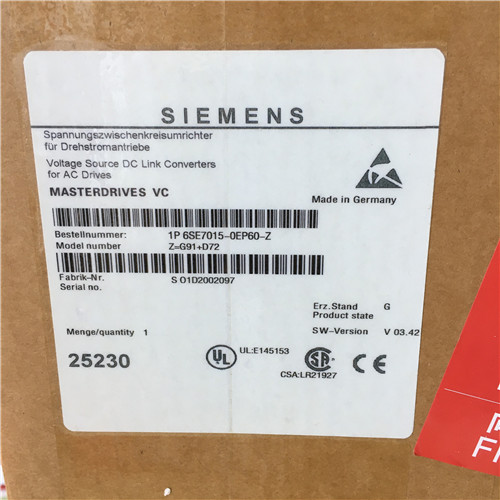 Siemens 6SE7015-0EP60-Z G91+D72 SIMOVERT MASTERDRIVES VECTOR CONTROL CONVERTER UNIT COMPACT PLUS DESIGN DEGREE OF PROTECTION IP20 3AC 380-480 V, 50/60 HZ 5 A NOM. POWER RATINGS: 