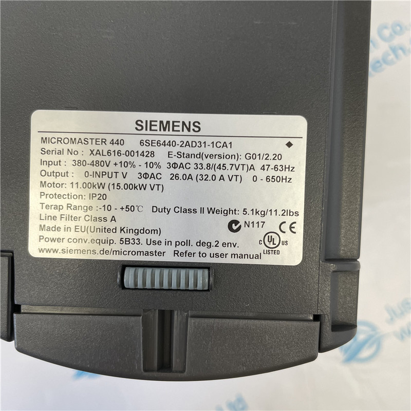 SIEMENS inverter 6SE6440-2AD31-1CA1 MICROMASTER 440 built-in class A filter 380-480 V 3 AC +10/-10% 47-63 Hz constant torque 11 kW overload 150% 60 s
