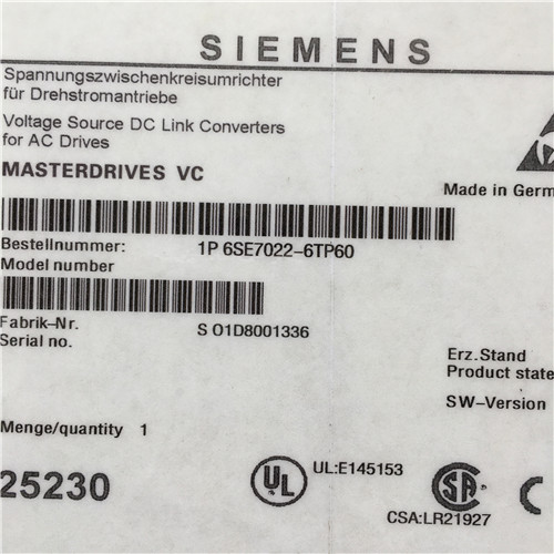 Siemens 6SE7022-6TP60 SIMOVERT MASTERDRIVES VECTOR CONTROL INVERTER COMPACT PLUS DESIGN DEGREE OF PROTECTION IP20 DC510V-650V, 25.5A NOM. POWER RATINGS: 11 KW DOCUMENTATION ON CD