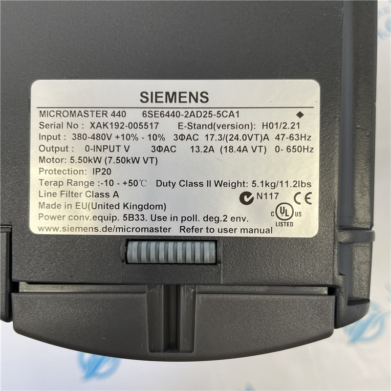 SIEMENS inverter 6SE6440-2AD25-5CA1 MICROMASTER 440 built-in class A filter 380-480 V 3 AC +10/-10% 47-63 Hz constant torque 5.5 kW overload 150% 60 s
