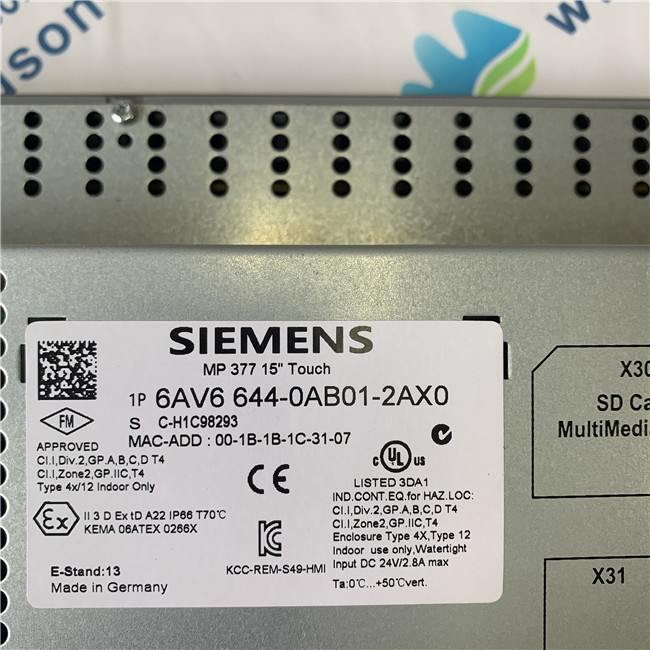 SIEMENS 6AV6644-0AB01-2AX0 SIMATIC MP 377 15" Touch Multi Panel, Windows CE 5.0 15" color TFT display 12 MB configuration memory configurable from WinCC flexible 2007