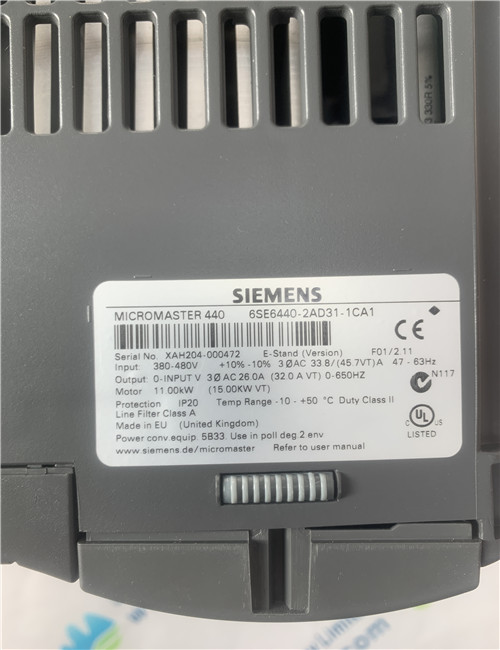 SIEMENS 6SE6440-2AD31-1CA1 MICROMASTER 440 built-in class A filter 380-480 V 3 AC +10/-10% 47-63 Hz constant torque 11 kW overload 150% 60 s