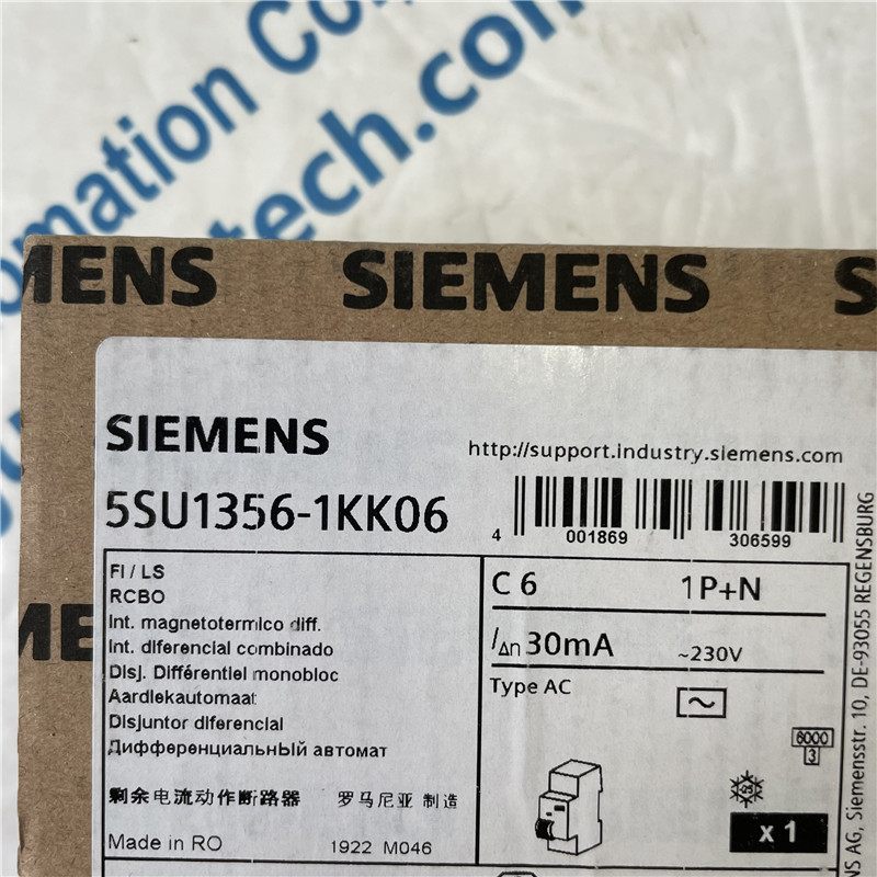 SIEMENS small leakage protection circuit breaker 5SU1356-1KK06 RCBO, 6 kA, 1P+N, Type AC, 30 mA, C-Char, In: 6 A, Un AC: 230 V