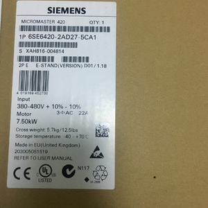 Siemens 6SE6420-2AD27-5CA1 MICROMASTER 420 built-in class A filter 380-480 V 3 AC +10/-10% 47-63 Hz constant torque 7.5 kW overload 150% 