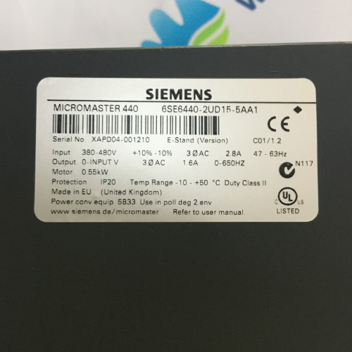 Siemens 6SE6440-2UD15-5AA1 MICROMASTER 440 without filter 380-480 V 3 AC +10/-10% 47-63 Hz constant torque 0.55 kW overload 150% 60 s, 