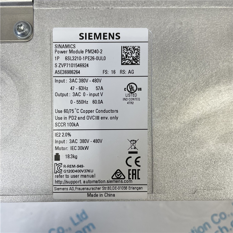 SIEMENS inverter 6SL3210-1PE26-0UL0 SINAMICS G120 POWER MODULE PM240-2 WITHOUT FILTER WITH BUILT IN BRAKING CHOPPER 3AC380-480V +10/-20% 47-63HZ OUTPUT HIGH OVERLOAD: 22KW 
